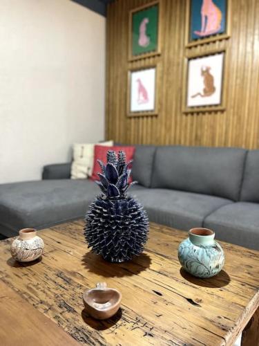 a living room with a table with a pineapple on it at Departamento Vista Lago de Pátzcuaro in Pátzcuaro