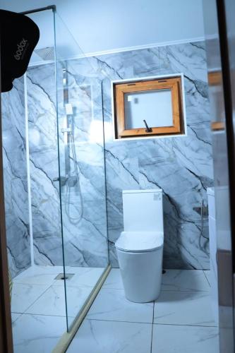 a bathroom with a white toilet and a mirror at Ethno complex Ala kuch in Kaindy