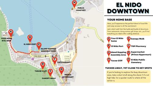 a map of the island of iboown with circled attractions at El Nido Backpackers Guesthouse in El Nido