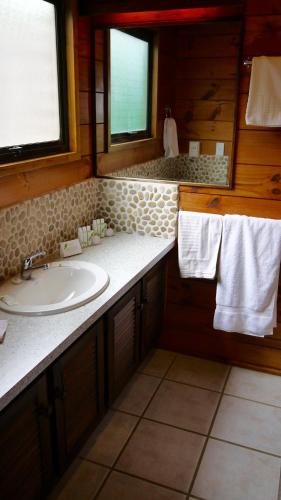 a bathroom with a sink and a mirror and towels at Waiheke Island Vineyard Holiday Houses in Surfdale