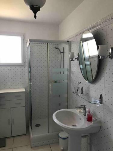 une salle de bain avec un lavabo, une douche et un miroir dans l'établissement Maison de vacances à Saint Quay Portrieux, à Saint-Quay-Portrieux