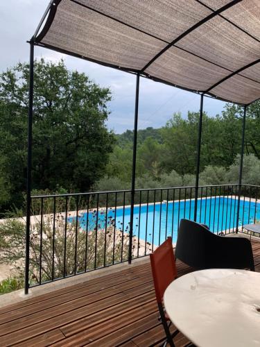 une terrasse avec vue sur la piscine dans l'établissement Maison du vallon de Galeye, à La Roque-sur-Pernes