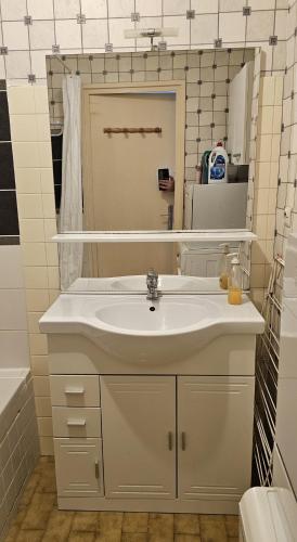 une salle de bain avec un lavabo blanc et un miroir dans l'établissement Appartement 2 couchages pour 4 personnes - Complètement équipé, à Saint-Priest