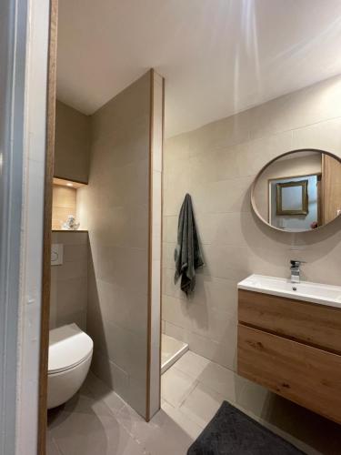 a bathroom with a toilet and a sink and a mirror at Madame Rêve in Le Cannet