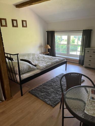a bedroom with a bed and a table and a window at Penzion WIESEN in Meziměstí
