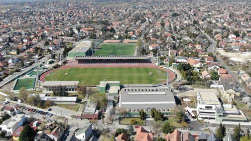 an aerial view of a campus with a baseball field at Budafoki Sporthotel in Budapest