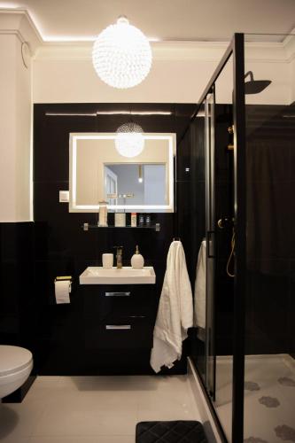 a bathroom with a sink and a mirror at Mieszkanie Central Park in Ciechanów