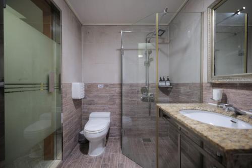 a bathroom with a toilet and a sink and a shower at New Day Hotel Gangnam in Seoul