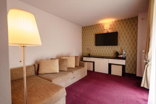 a living room with a couch and a flat screen tv at Bacolux Afrodita, Herculane in Băile Herculane