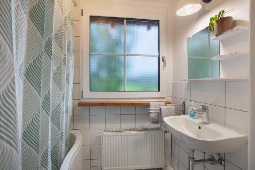 un bagno bianco con un lavandino e una finestra di Ferienwohnung Fellagrün a Unterbierbronnen
