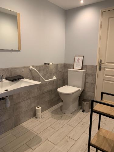 une salle de bain avec toilettes, lavabo et miroir dans l'établissement Appartement rez de chaussée maison indépendant avec piscine, à Saint-Christol-lès-Alès