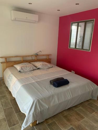 une chambre avec un grand lit avec un mur rouge dans l'établissement Appartement rez de chaussée maison indépendant avec piscine, à Saint-Christol-lès-Alès