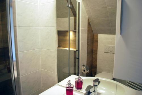 a bathroom with a shower and a sink and a toilet at Gästehaus Brangshof in Willich