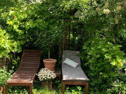 two chairs and a book on a bench in a garden at Villa guest suite near Vienna in Perchtoldsdorf