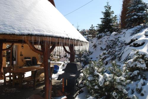a snow covered cabin with a thatched roof at Willa pod Czantorią SPA Ustroń in Ustroń