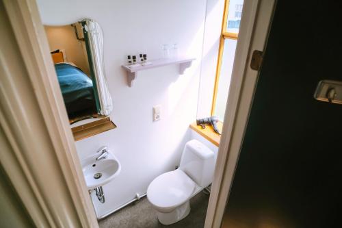a small bathroom with a toilet and a sink at Snæfell - Hotel by Aldan in Seyðisfjörður