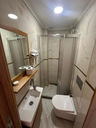 a bathroom with a shower and a toilet and a sink at Delbab PANSİYON in Istanbul
