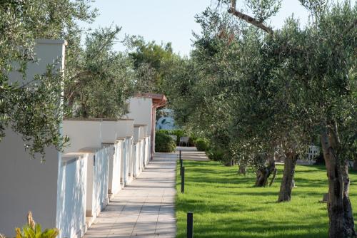 a sidewalk lined with trees next to a building at Agriturismo Panacea in Santa Cesarea Terme
