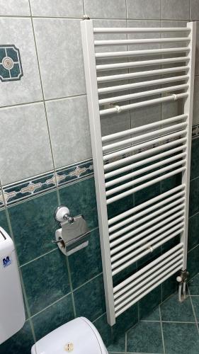 a bathroom with a toilet and a towel dispenser at BT Lux apartment 2 in Skopje