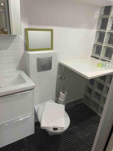 une salle de bain blanche avec des toilettes et un lavabo dans l'établissement Duplex au Sentier secret au cœur de Paris, à Paris