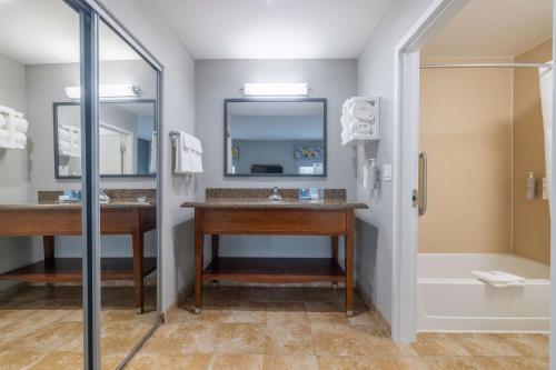 a bathroom with two sinks and a shower at Hampton Inn & Suites Brenham in Brenham