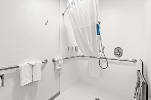 弗洛伦斯Hampton Inn Florence Midtown near University of North Alabama的浴室提供白色毛巾和淋浴。