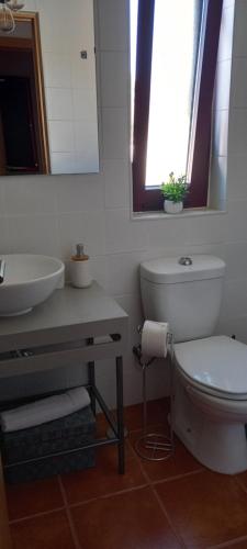 a bathroom with a toilet and a sink and a mirror at Casa das Rosas in Crato