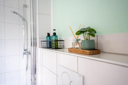 a bathroom with a shelf with a plant on it at SCHLOSSBERG RESIDENCES - Design City-Apartment Nähe SAP und Hockenheimring in Hockenheim
