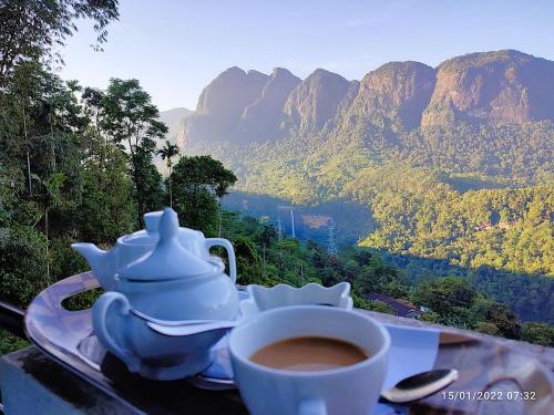 a cup of coffee on a table with a view of mountains at Camellia Mountain Villa in Kiriwan Eliya