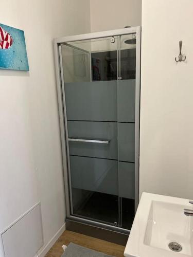 une salle de bain avec une douche en verre et un lavabo dans l'établissement Entre Gare et Centre ville, à Calais