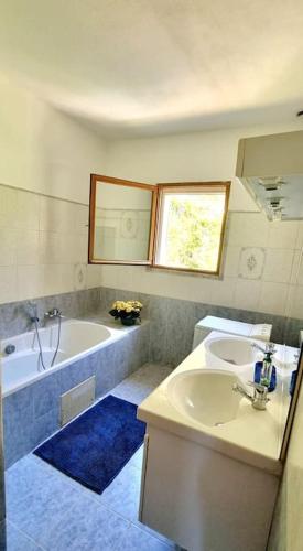 une salle de bain avec une baignoire et un lavabo et une baignoire dans l'établissement Maison agréable avec grands volumes, à Levie