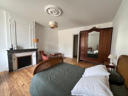 La Maison de l'Estuaire في سانت-إستيف: غرفة نوم بسرير مع موقد ومرآة