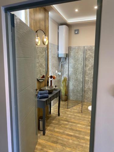 ein Badezimmer mit Waschbecken und Dusche in der Unterkunft The Loft Apartman Szeged in Szeged