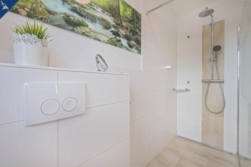 ein weißes Bad mit einer Dusche und einem Gemälde in der Unterkunft Heimathafen An Seen & Meer in Korswandt