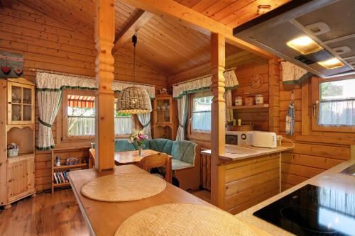 a kitchen and living room of a log cabin at Haus Cürsgen - Blockhaus Jana in Berlin