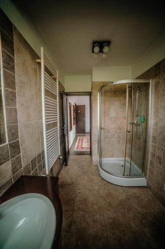 a bathroom with a shower and a sink at Smida Park Mountain Retreat & SPA in Smida