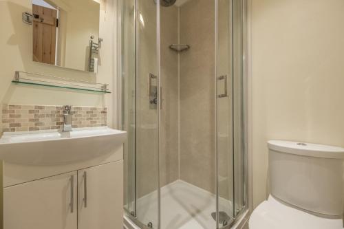 a bathroom with a shower and a sink and a toilet at Out of Focus in Titchwell