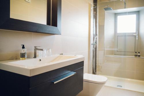 a bathroom with a sink and a toilet and a shower at The Manor Boutique Hotel Restaurant and Bar in Conwy