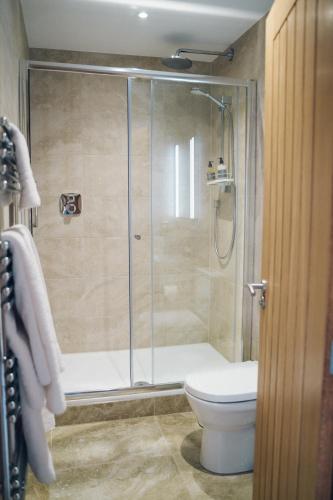 a bathroom with a shower and a toilet at The Manor Boutique Hotel Restaurant and Bar in Conwy