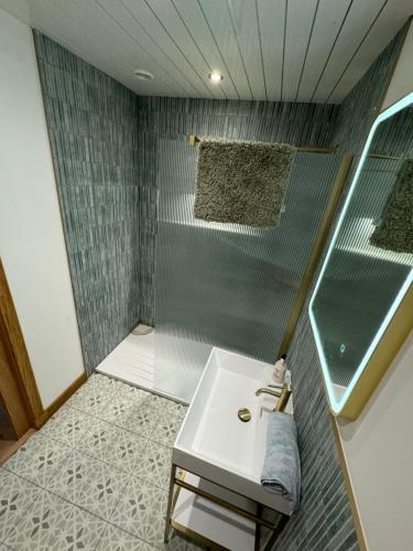 a bathroom with a shower and a white sink at Cosy Luxury apartment in Wick