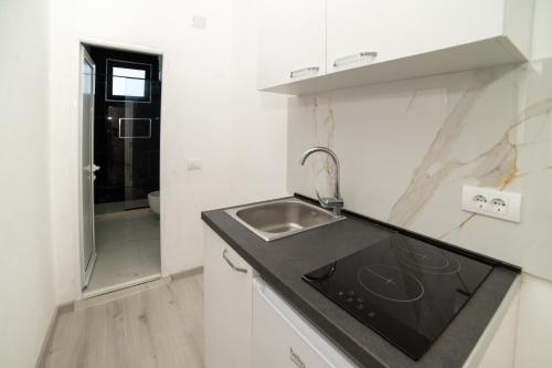 eine Küche mit Spüle und Arbeitsplatte in der Unterkunft You GO in Velika Plaža