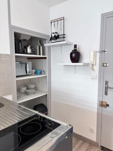 une cuisine avec un évier et un plan de travail dans l'établissement Le petit citadin, à Arras