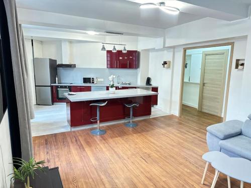 Il comprend une cuisine et un salon avec des placards rouges et un canapé. dans l'établissement Appartement au centre ville, à Salies-de-Béarn