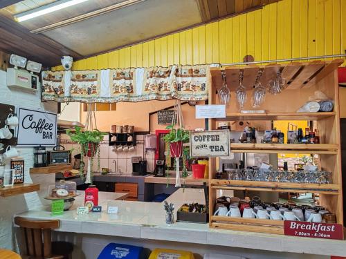 a store with a counter with glasses on display at Cabinas El Pueblo B&B Monteverde in Monteverde Costa Rica