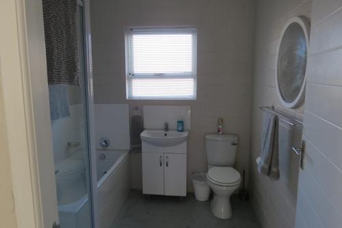 a bathroom with a toilet and a sink and a shower at AHA Pet Friendly cottage in Agulhas