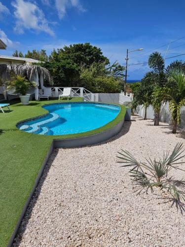 une piscine dans une cour avec de l'herbe et des arbres dans l'établissement Villa Raven´s Paradise (Verde), à Willemstad