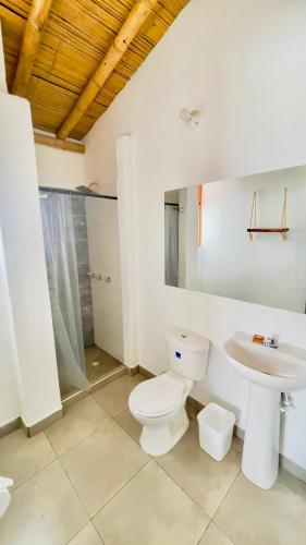 a bathroom with a toilet and a sink at Hotel Campestre La Aldea Cabaña Pijao in Montenegro