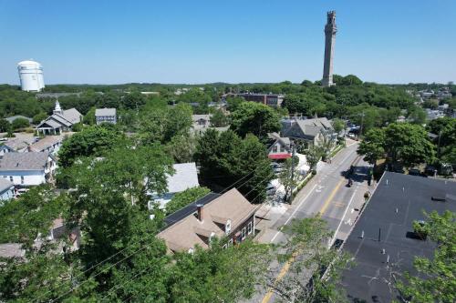 an aerial view of a town with a water tower at Steps to Commercial St Walk to Beach in Provincetown