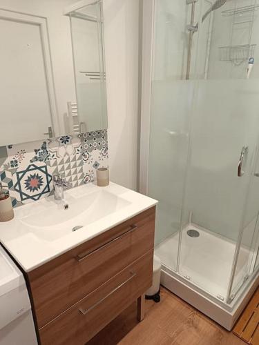 une salle de bain avec un lavabo et une douche dans l'établissement Charmant Chalet de montagne, à Picherande