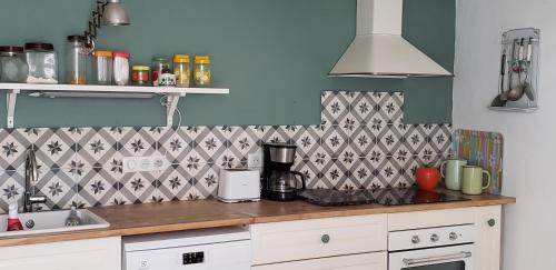 une cuisine avec un comptoir et un mixeur dans l'établissement VELO VENTOUX et NESQUE, à Villes-sur-Auzon